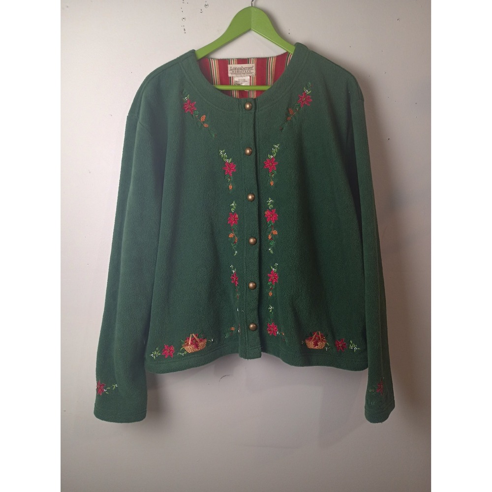 Longaberger Homestead Green Fleece Embroidered Christmas Basket Cardigan 1X